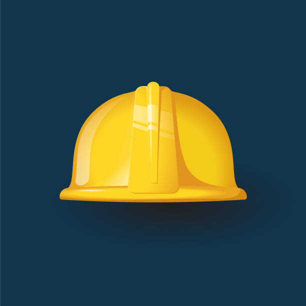 Yellow worker helmet icon Flat style Yellow construction worker helmet icon. Flat design style on dark blue hard hat stock illustrations