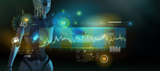istock The robot works with stock data on a holographic panel. 1310975021