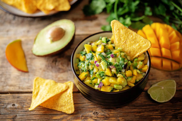 istock Mango Guacamole with corn chips and ingredients to prepare it 1310977285