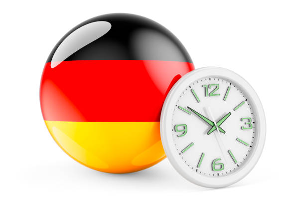 istock German flag with clock. Time in Germany, 3D rendering isolated on white background 1310978118