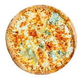 Quattro formaggi italian pizza with four sorts of cheese isolated on white background. Mozzarella, blue cheese, chedder, parmesan. Top view