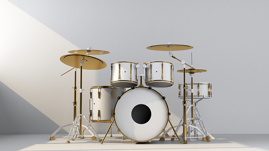 white gold drum kit on light ray. 3d rendering