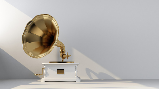 white gold gramophone on light ray. 3d renering