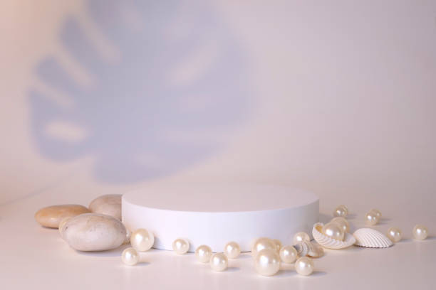 white podium on the white background with pearls and seashells. podium for product, cosmetic presentation. creative mock up. pedestal or platform for beauty products. - leafes imagens e fotografias de stock