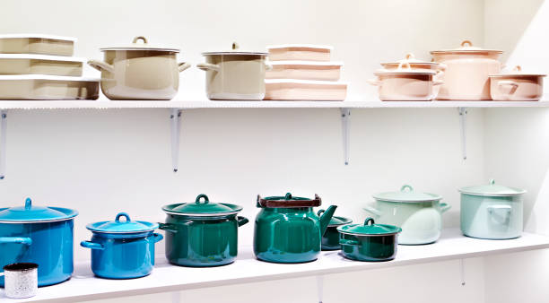 istock Metal enamel pots and teapots in store 1310978948