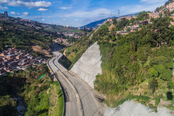 Aerial view of a highway under construction in Medellin, Colombia stock photo