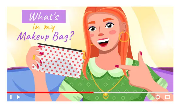 Vector illustration of Young girl beauty blogger character showing what is in her makeup bag. Youtuber or videoblogging