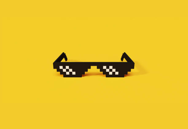 Thug life meme glasses pixel art modern iconic 3d object. Front view of pixel art glasses, 3D rendered minimalistic object on yellow background. Web banner with copy space. pixelated photos stock pictures, royalty-free photos & images