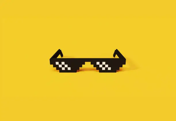 Front view of pixel art glasses, 3D rendered minimalistic object on yellow background. Web banner with copy space.