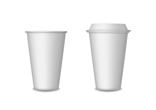 istock Coffee cup. Paper or plastic mockup of mug with lid. Cup for tea in cafe. Take away hot coffee. Set of template for drink of latte, espresso, cappuccino in mug. Design of mock for restaurant. Vector 1310981854