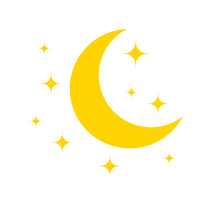 Moon and star. Yellow icon of moon for night. Pictogram of crescent and star. Logo for sleep and baby. Celestial symbol isolated on white background. Illustration for goodnight and ramadan. Vector.