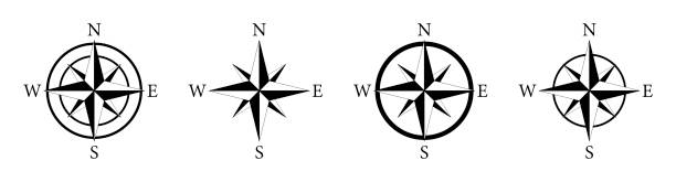 Compass icon. Nautical compass for travel with sign of north, south, west, east. Set of logo for map and navigation. Symbol of direction. Arrow, dial for orientation of latitude, longitude. Vector. Compass icon. Nautical compass for travel with sign of north, south, west, east. Set of logo for map and navigation. Symbol of direction. Arrow, dial for orientation of latitude, longitude. Vector. white sailboat silhouette stock illustrations
