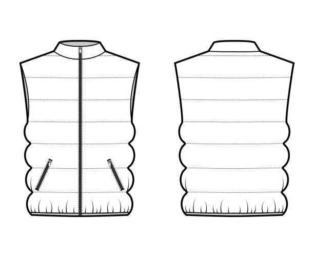 Down vest puffer waistcoat technical fashion illustration with sleeveless, collar, zip-up closure, pockets, oversized Down vest puffer waistcoat technical fashion illustration with sleeveless, stand collar, zip-up closure, pockets, oversized. Flat template front, back, white color style. Women, unisex top CAD mockup waistcoat stock illustrations