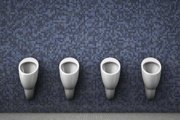 the interior of the male public toilet. no people. several urinals. - urinal clean contemporary in a row imagens e fotografias de stock