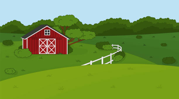 Cartoon doodle vector cute summer or spring farm in countryside. Red barn, white fence, green fields and trees, bushes and plants for animals life background, cards, postcards. Cartoon doodle vector cute summer or spring farm in countryside. Red barn, white fence, green fields and trees, bushes and plants for animals life background, cards, postcards rail fence stock illustrations