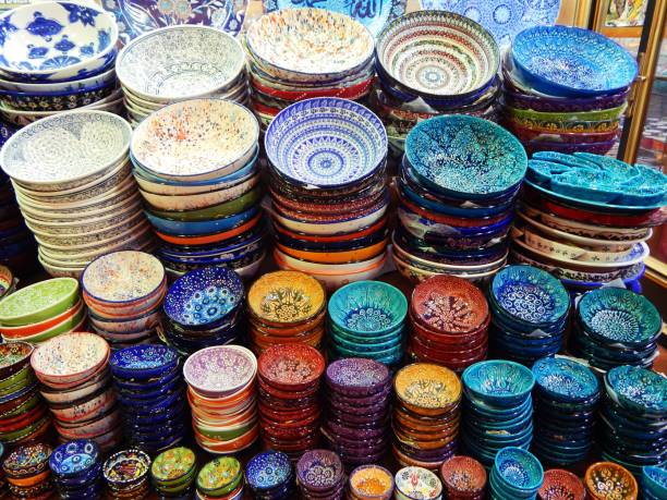 istock Decorative hand painted ceramic bowls and plates with colorful abstract patterns 1310988005