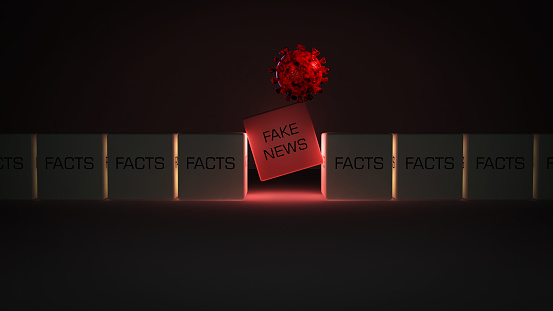 3 render image of fake news and facts about Covid 19. Social issues / fake news / conspiracy / false information concept.