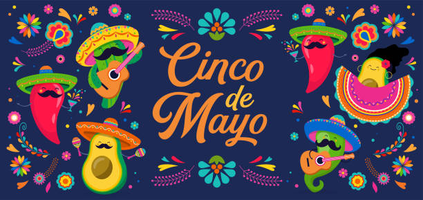 cinco de mayo - 5. mai, bundesfeiertag in mexiko. spaß, niedliche charaktere wie chili-pfeffer, avocado, kaktus spielen gitarre, tanzen und trinken tequila. - mexican culture cinco de mayo backgrounds sombrero stock-grafiken, -clipart, -cartoons und -symbole