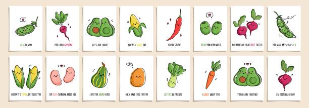 Set of greeting cards Punny veggies with cute veggies and funny phrases. Collection of postcards with kawaii veggy and puns. Vector cartoon illustration Set of greeting cards Punny veggies with cute veggies and funny phrases. Collection of postcards with kawaii veggy and puns. Vector cartoon illustration. happy green peas stock illustrations
