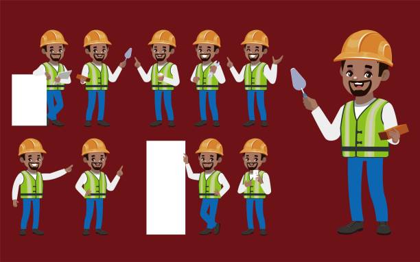 Set of worker with different poses Set of worker with different poses plumber tablet stock illustrations