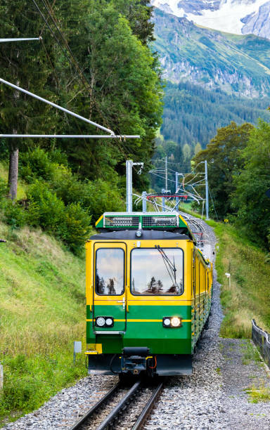 tren en el ferrocarril wengernalp en lauterbrunnen, suiza - interlaken railroad station train rural scene fotografías e imágenes de stock