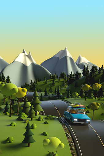 3d rendering of a road trip in a cartoon style.