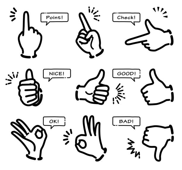stockillustraties, clipart, cartoons en iconen met de reeksen van het pictogram van diverse handgebaren (monochroom) - wijsvinger