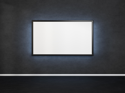 Horizontal picture hanging on dark concrete wall. Poster with a black frame. 3D rendering mockup of tv with a backlight