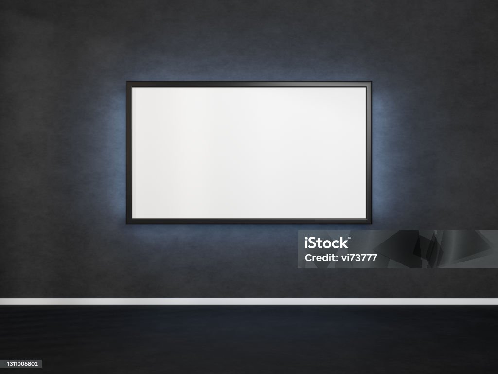 Horizontal picture hanging on dark concrete wall. Poster with a black frame. 3D rendering mockup of tv with a backlight. Horizontal picture hanging on dark concrete wall. Poster with a black frame. 3D rendering mockup of tv with a backlight Wall - Building Feature Stock Photo