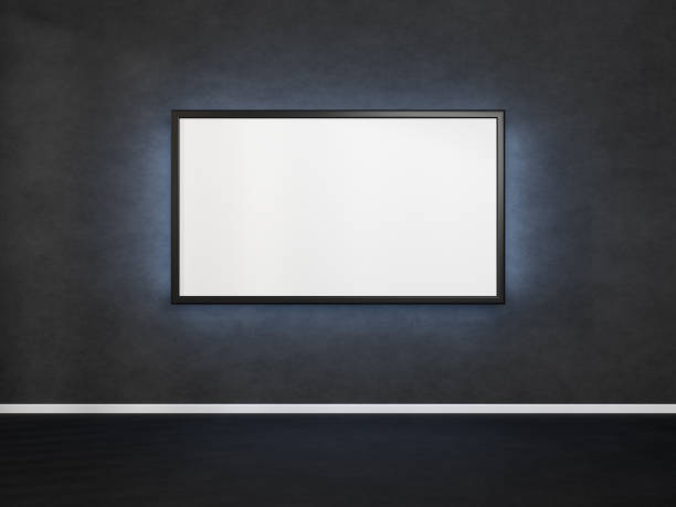 horizontal picture hanging on dark concrete wall. poster with a black frame. 3d rendering mockup of tv with a backlight. - lightbox imagens e fotografias de stock