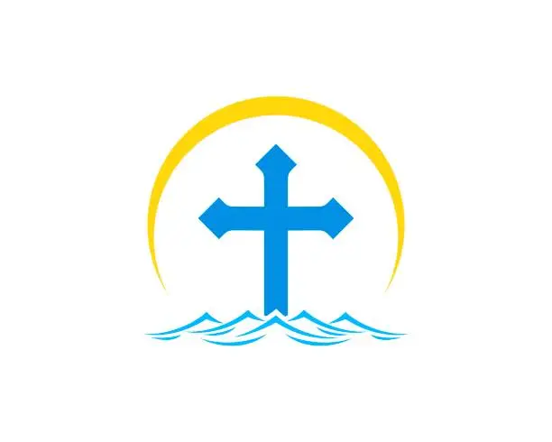 Vector illustration of Religion cross with beach wave and swoosh