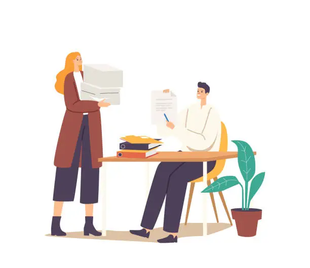 Vector illustration of Man and Woman with Heap of Documents Files. Business People Characters, Office Employee at Work, Accounting Bureaucracy