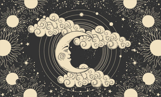 Heavenly banner, crescent moon with a face on a cosmic black background. Illustration for astrology, divination, tarot. Fabulous vector illustration, vintage design. Heavenly banner, crescent moon with a face on a cosmic black background. Illustration for astrology, divination, tarot. Fabulous vector illustration, vintage design moon borders stock illustrations