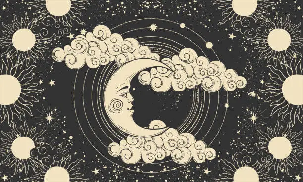 Vector illustration of Heavenly banner, crescent moon with a face on a cosmic black background. Illustration for astrology, divination, tarot. Fabulous vector illustration, vintage design.