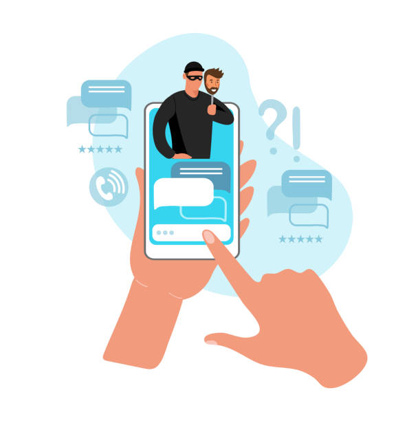 ilustrações de stock, clip art, desenhos animados e ícones de two hands are holding a phone with a chat with a scam on the smartphone screen. concept of cybercrime, fraud and blackmail, online crimes on the internet, social networks, dating apps. vector flat illustration. - conspiracy
