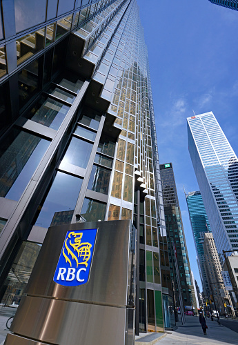 Toronto, Canada - April 5, 2021:  A wide angle view of Bay Street in Toronto's financial district, with the head offices of Canada's largest banks.