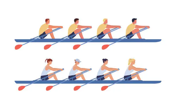 Vector illustration of The women's and men's rowing teams sail in boats. Concept of competitions in academic rowing. Vector illustration in flat style.