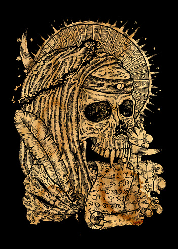 Black and gold illustration with human skull wearing crown of thorns, in monk cloak with manuscript and quill.  Mystic background for Halloween, esoteric, gothic, heavy metal or occult concept