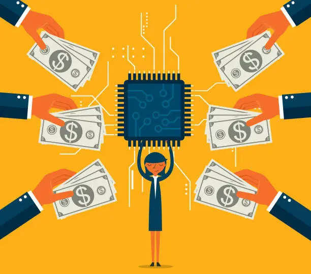 Vector illustration of Businesswoman holding microchip
