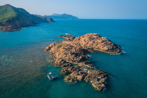 Drone view of a rock island on Nhon Hai beach, Quy Nhon city, Binh Dinh province, central Vietnam
