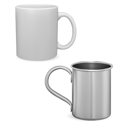 White coffee cup mockup. Silver metal mug isolated. Ceramic teacup with handle 3d vector template. Iron or stainless steel mug photorealistic design