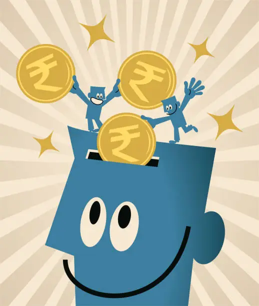 Vector illustration of Two small blue men putting (saving) Indian Rupee currency into the giant's open head; To invest in your mind; Money-conscious people; To earn a living from the knowledge you already have