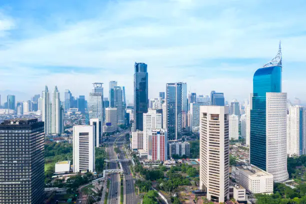 JAKARTA - Indonesia. March 22, 2021: Beautiful aerial view of Jakarta city situation at new normal lifestyle after Covid-19 pandemic with quiet road