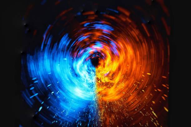 3D illustration of blue and red flames swirling