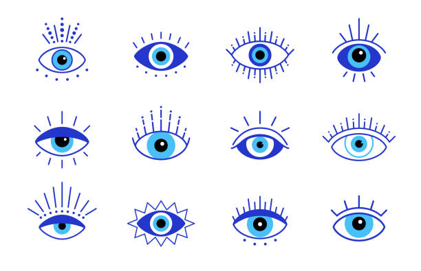 blaues böses auge, vektor-set-augen-symbol, stock-illustration - charm necklace stock-grafiken, -clipart, -cartoons und -symbole