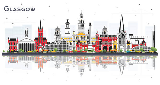 Glasgow Scotland City Skyline with Color Buildings and Reflections Isolated on White. Glasgow Scotland City Skyline with Color Buildings and Reflections Isolated on White. Vector Illustration. Travel and Tourism Concept with Historic Architecture. Glasgow Cityscape with Landmarks. glasgow scotland stock illustrations