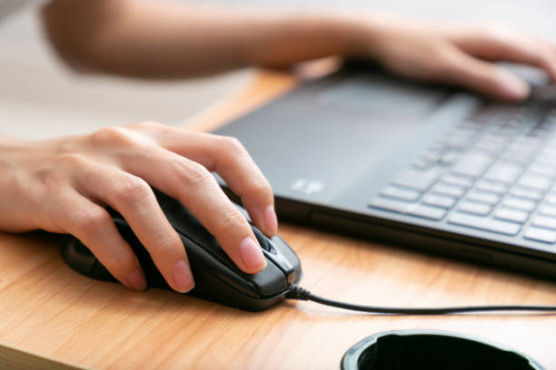 istock Close-up shot of female hand holding mouse and working with desktop computer. 1311024848