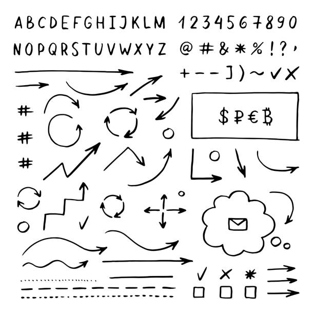 Set of handwritten signs. Vector isolated elements. Black letters, arrows, numbers on white background Set of handwritten signs. Vector isolated elements. Black letters, arrows, numbers on white background in a row single line symbol underline stock illustrations