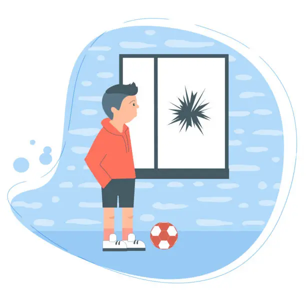 Vector illustration of Bully teen smashed window with ball