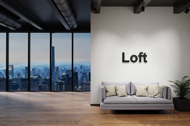 istock modern luxury loft with skyline view and vintage couch, wall with loft lettering, 3D Illustration 1311028539